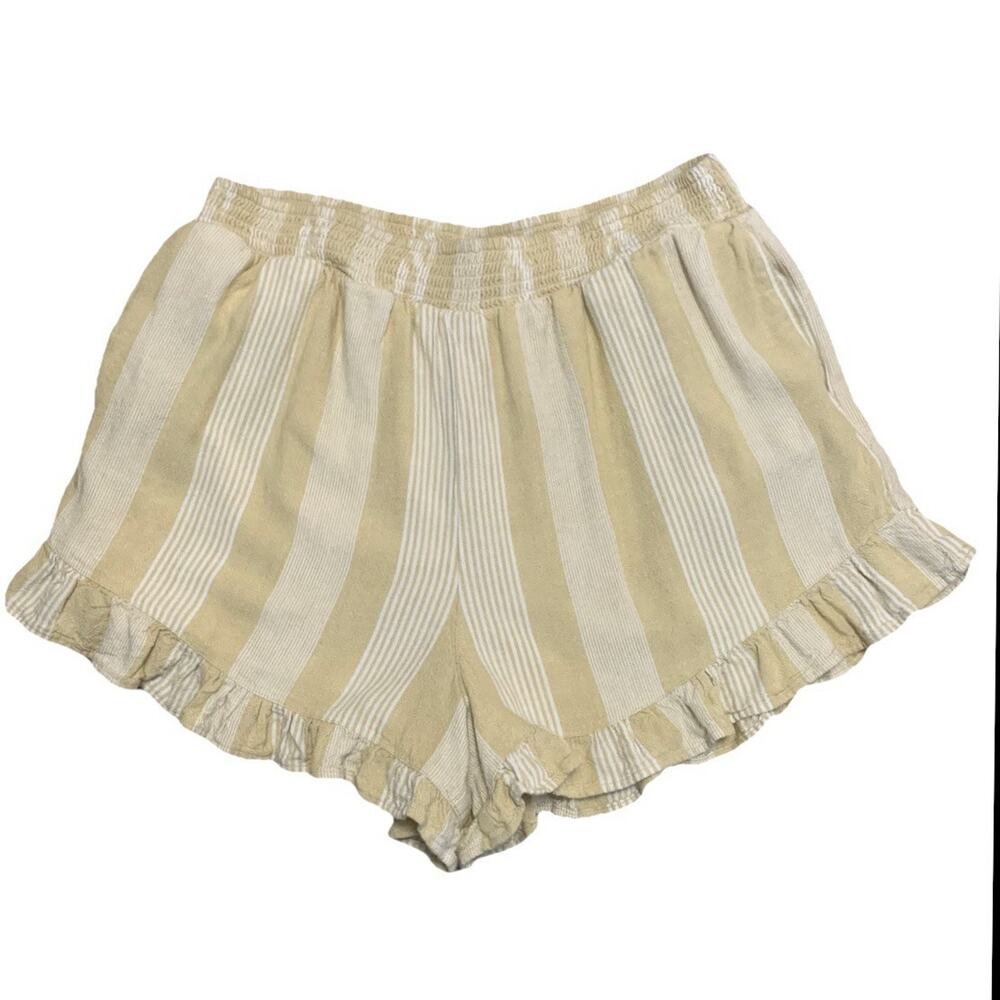 American Eagle Women’s L Linen Blend Ruffle Shorts Yellow Striped Flowy Pockets